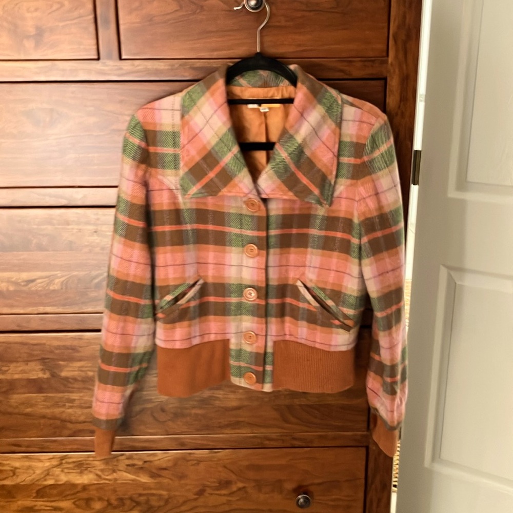 Tulle Wool Blend Cropped Jacket Pink Orange Green  Plaid Size M